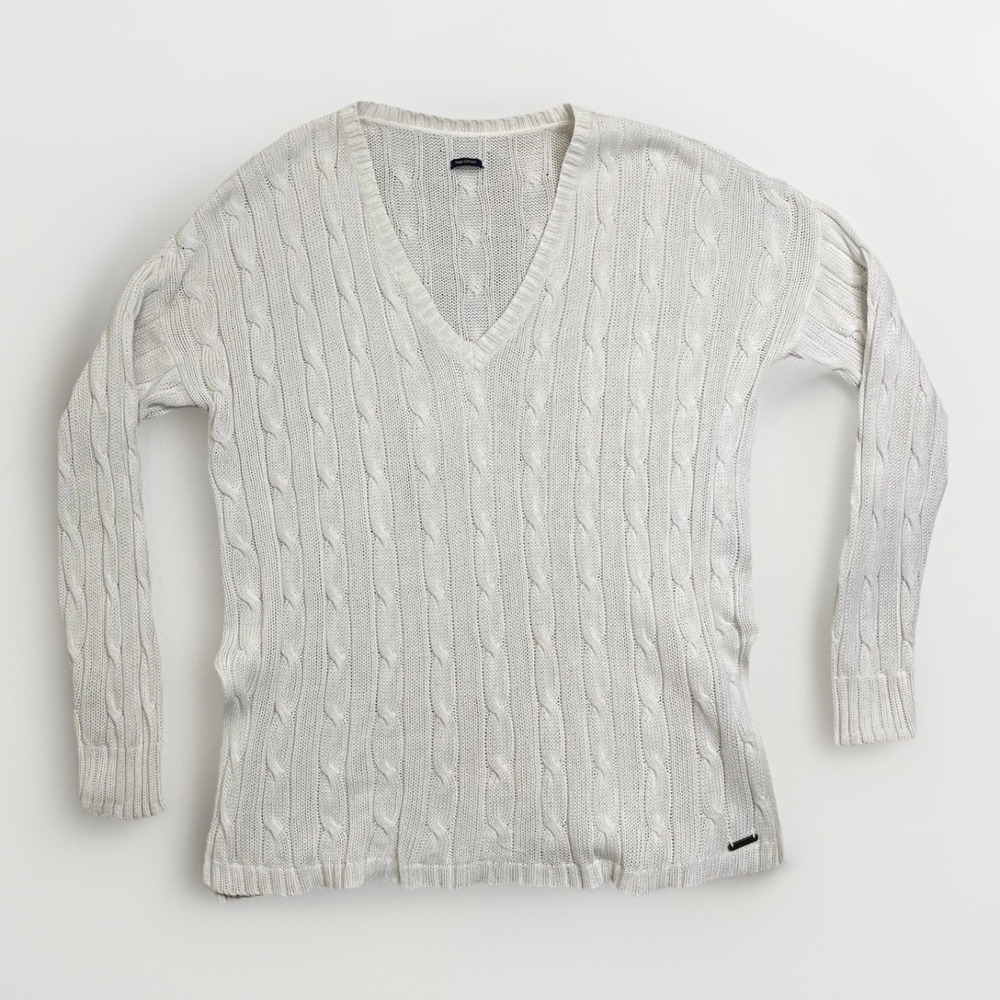 Vintage POLO Cable Knit Sweater White V Neck Cotton Quiet Luxury Womens M